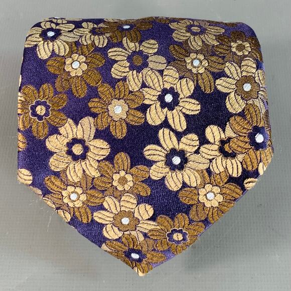 FACONNABLE Navy Khaki Floral Jacquard Silk Tie - Picture 1 of 5
